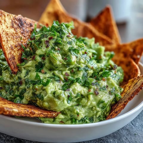 Creamy edamame guacamole with ripe avocado, served with crisp, golden pita chips for a healthy snack.  