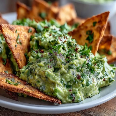 Vibrant green edamame guacamole blended with fresh cilantro, paired with warm, lightly spiced pita chips.  