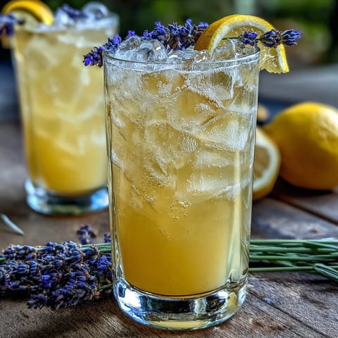 A sparkling lavender lemonade cocktail with fresh lemon slices and lavender sprigs, perfect for summer gatherings.