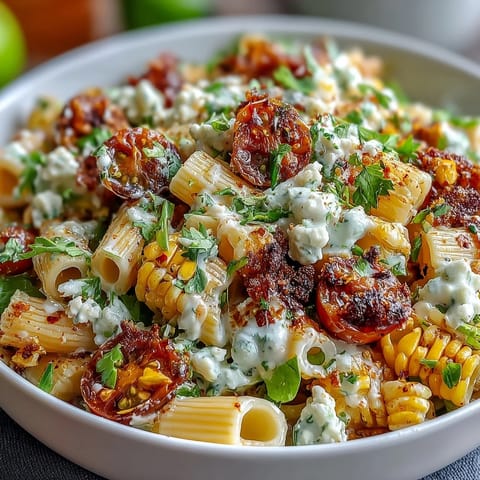 Creamy elote pasta salad with Cotija cheese, chili, and lime, bursting with sweet corn and smoky flavor in every bite.