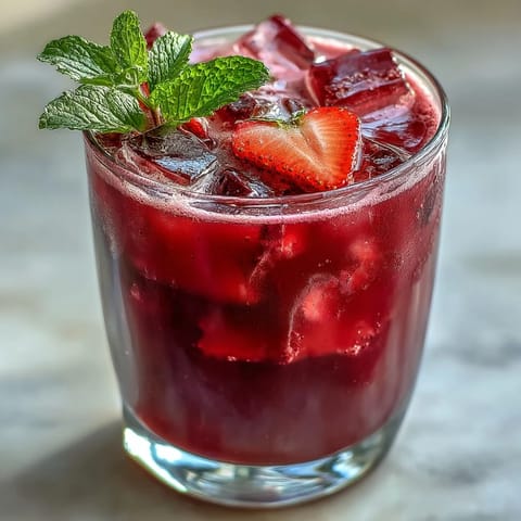 Vibrant Homemade Starbucks Strawberry Açaí Refresher with fresh strawberries and açaí powder in a chilled glass, perfect for a refreshing summer drink.