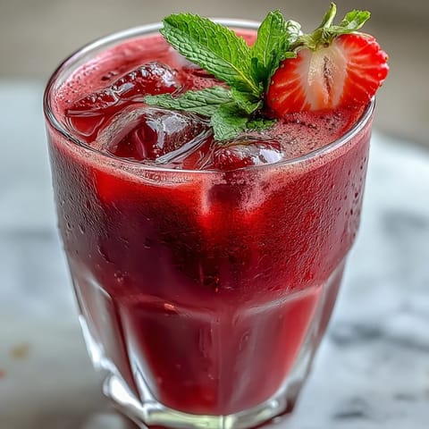 Refreshing fruity beverage featuring ripe strawberries and açaí, blended with ice and served with a lemon slice for a bright, energizing sip.