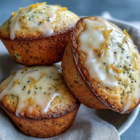 Golden lemon poppy seed muffins with a glossy lemon glaze, bursting with citrus flavor and crunchy poppy seeds, perfect for a sunny spring brunch.