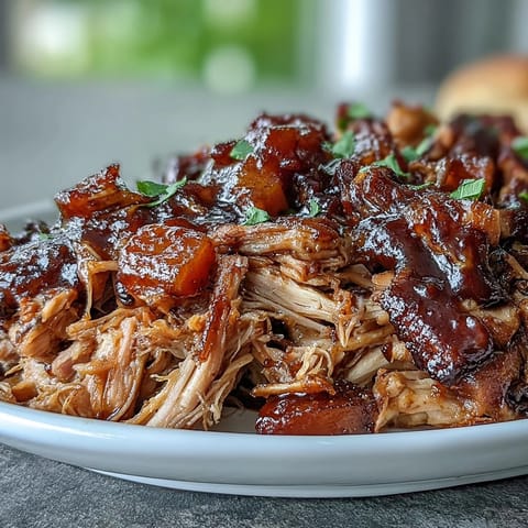 Juicy pulled pork with honey peach BBQ sauce, slow-cooked in a crockpot for tender, flavorful summer sandwiches.  