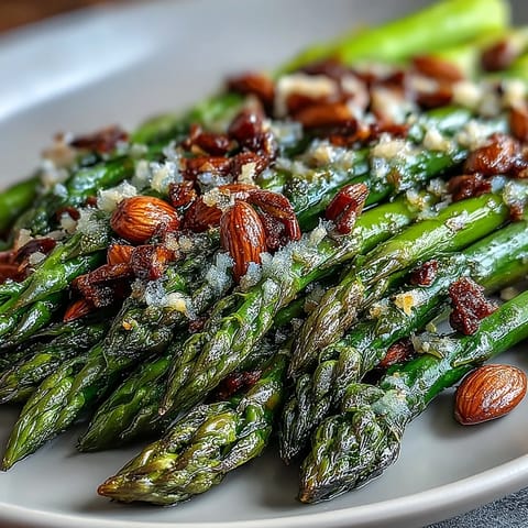 Fresh asparagus spears glisten in a skillet, bathed in golden butter and zesty lemon, with toasted almonds adding crunch and elegance.