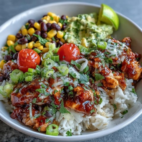 Hearty slow cooker salsa chicken served over rice with corn, black beans, and vibrant garnishes for a flavorful dinner.  