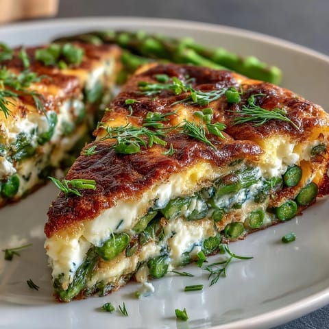 Spring Frittata with Asparagus, Peas and Goat Cheese - fluffy eggs baked with tender asparagus, sweet peas, and creamy goat cheese for a vibrant brunch dish.