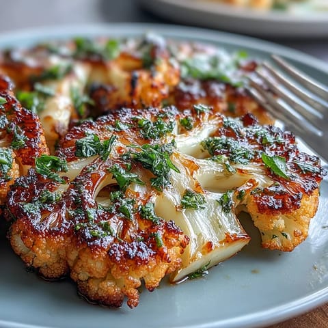 Smoky BBQ Cauliflower Steaks with bright chimichurri, a flavorful vegan entree.