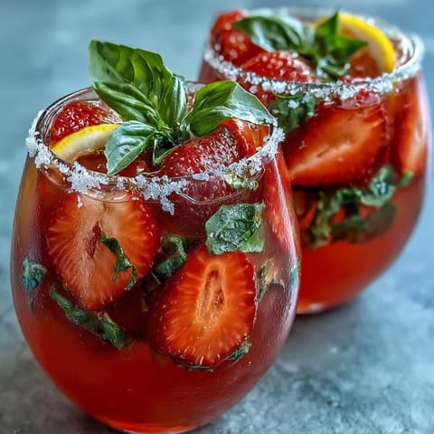 Vibrant strawberry basil lemonade pitcher, bursting with fresh fruit and herbs.
