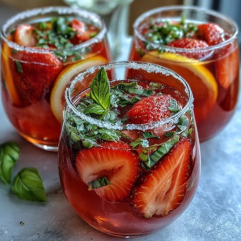 Crimson red strawberry basil lemonade refreshment ready for summer party guests.
