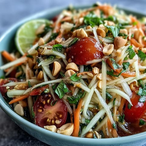 Fresh Som Tam, a colorful Thai Papaya Salad, ready for a refreshing, flavorful bite.
