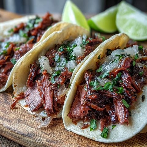 Tender smoked brisket tacos showcasing tangy pickled red onions and fresh cilantro.
