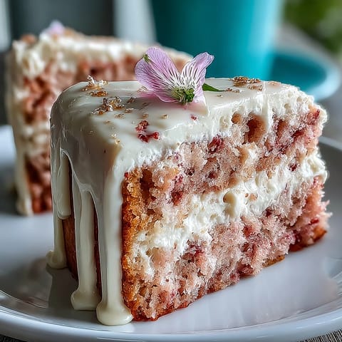 Luscious rosé velvet cake with creamy frosting and shimmer gold drip.