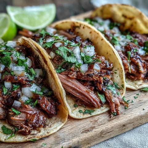 Juicy smoked brisket tacos topped with vibrant pickled red onions, a Tex-Mex delight.
