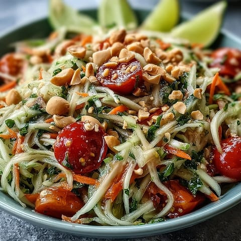Vibrant Thai Papaya Salad, Som Tam bursting with crunchy peanuts and tangy lime.