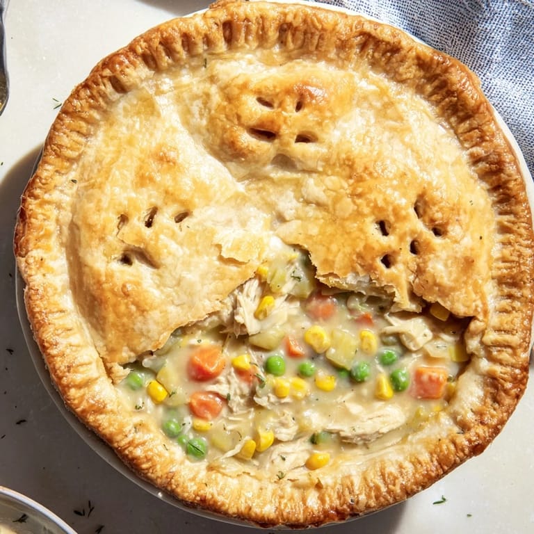 Slice of homemade Chicken Pot Pie on a plate, served alongside a fresh salad.