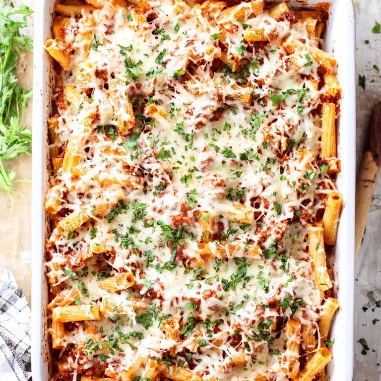 Cheesy Baked Ziti casserole with creamy ricotta layers, fresh parsley, and extra Parmesan topping.