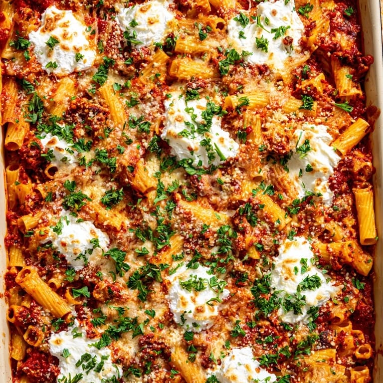Steam rises from freshly baked Baked Ziti featuring ziti pasta in savory tomato sauce.