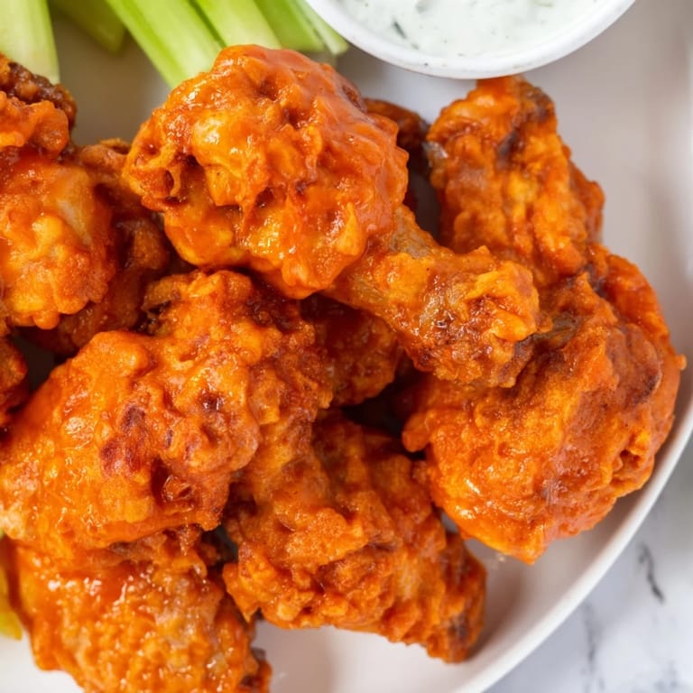 Freshly fried Buffalo Wings glistening with spicy sauce, served alongside crisp celery and creamy dip.