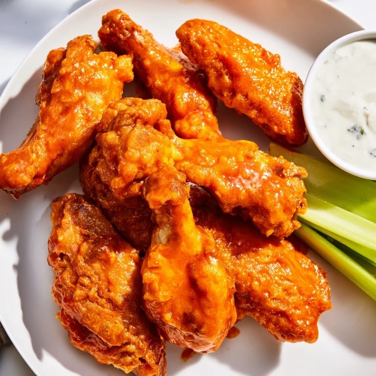 Crispy Buffalo Wings tossed in buttery hot sauce, served with blue cheese dip and celery sticks.