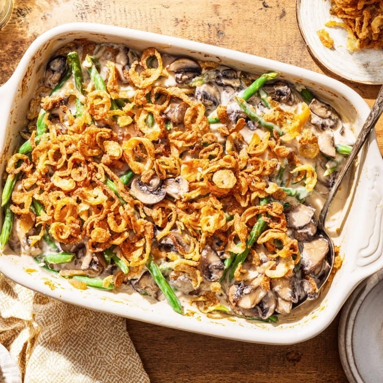 A comforting serving of Green Bean Casserole on a festive plate, garnished with extra crispy fried onions for crunch.