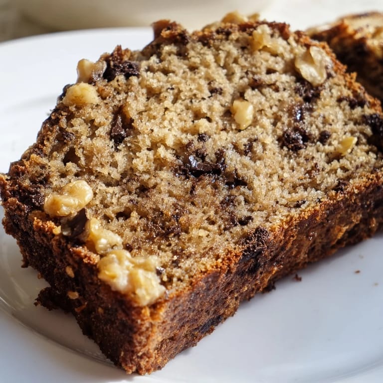 Moist Banana Bread loaf studded with walnuts and chocolate chips, cooling on a wire rack with sliced bananas nearby.