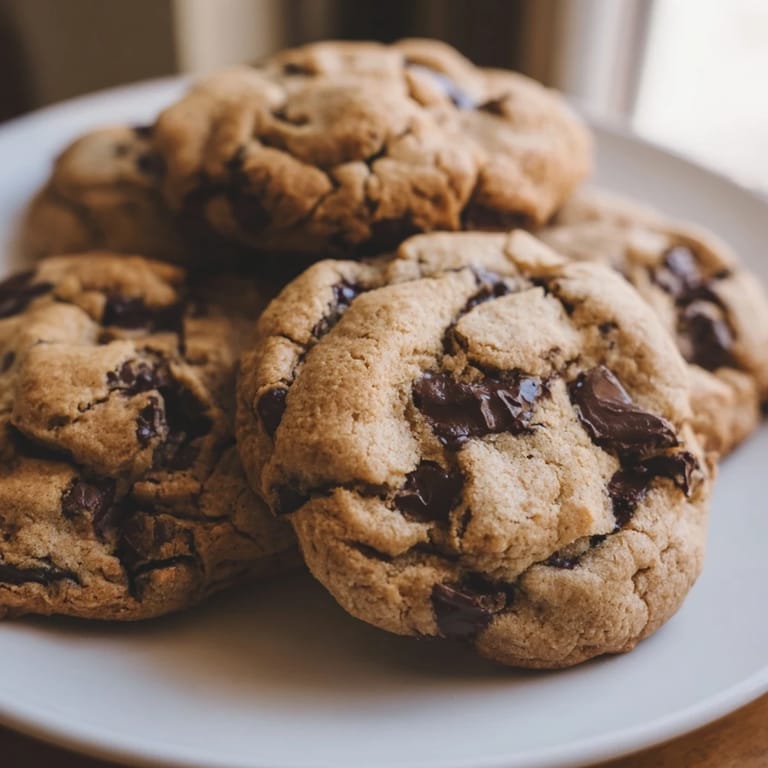 Golden-brown Chocolate Chip Cookies are stacked on a white plate, offering a soft, chewy homemade treat.