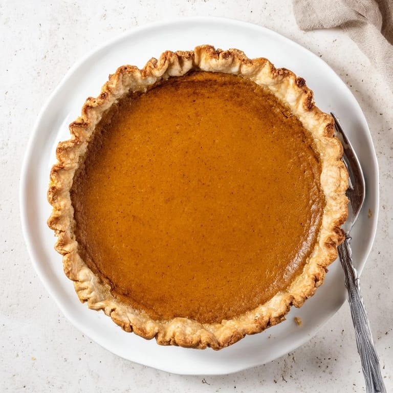 Perfectly set Pumpkin Pie filling in a crimped crust, with warm autumn spices and a decorative pie crust leaf garnish.
