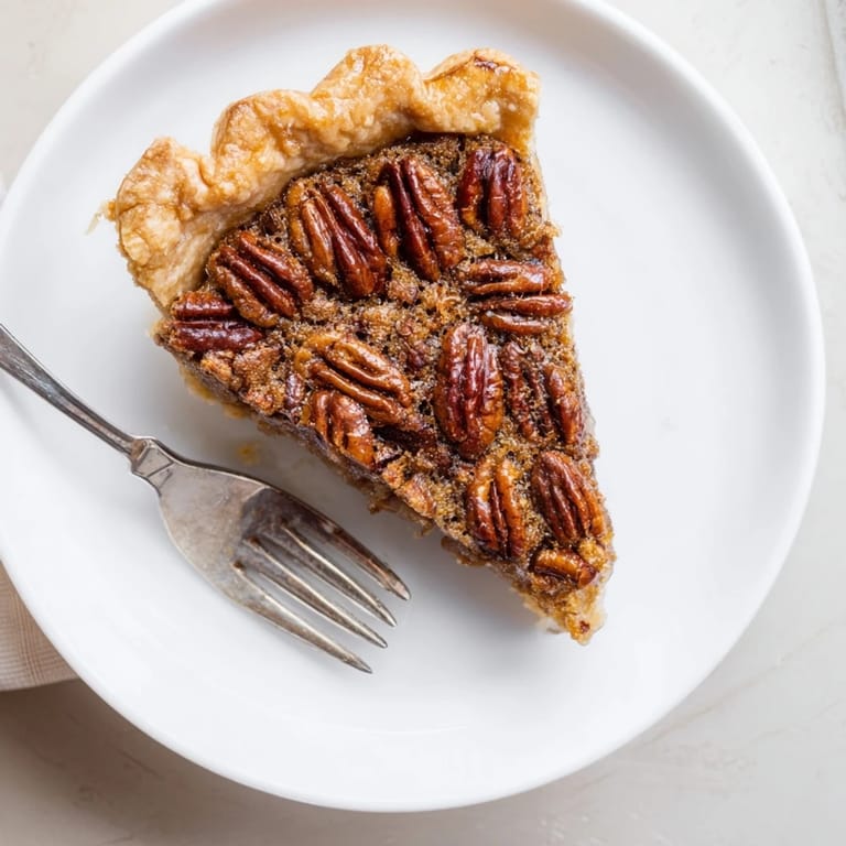 A slice of homemade Pecan Pie served on a white plate, perfect with a dollop of whipped cream or vanilla ice cream.
