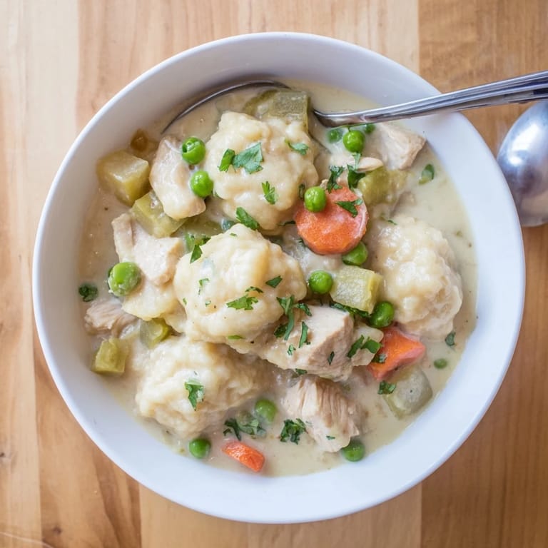 Spoon lifting a fluffy dumpling from creamy Chicken and Dumplings, revealing savory stew with peas and carrots underneath.