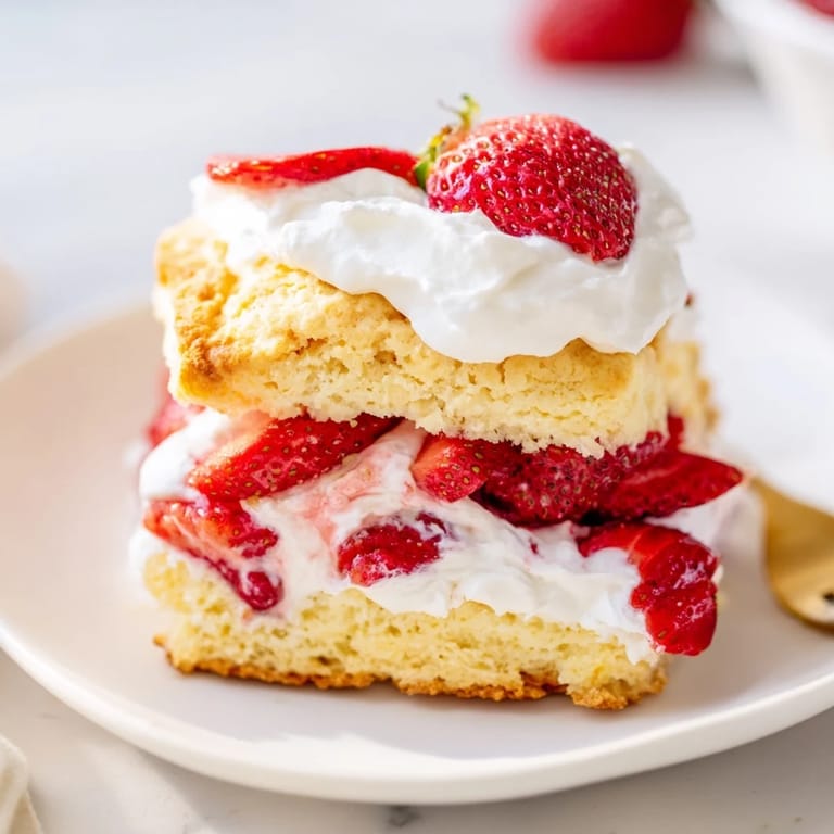 This homemade Strawberry Shortcake shows golden biscuits stacked high with glossy strawberry sauce and fluffy cream.