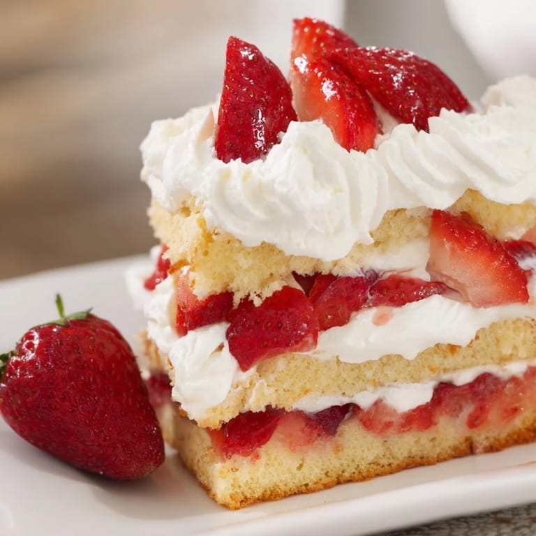Easy Strawberry Shortcake dessert features split biscuits, macerated berries, and soft peaks of vanilla whipped cream.