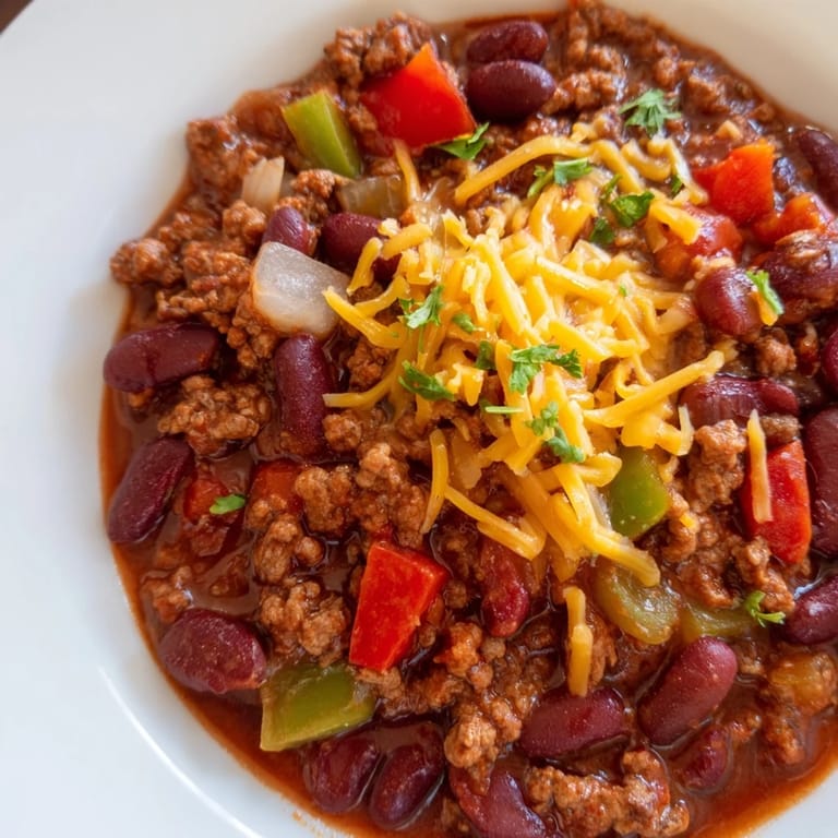 Simmering pot of chili con carne, ready to serve with cornbread on the side.