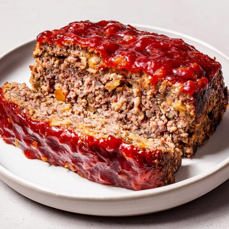 Homemade meatloaf baked to golden perfection, served on a plate ready to pair with creamy mashed potatoes and veggies.