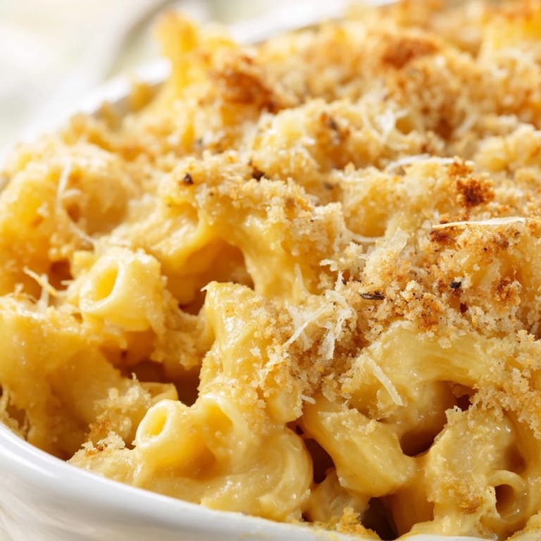 Freshly baked macaroni and cheese with a crunchy breadcrumb topping, ready to serve.