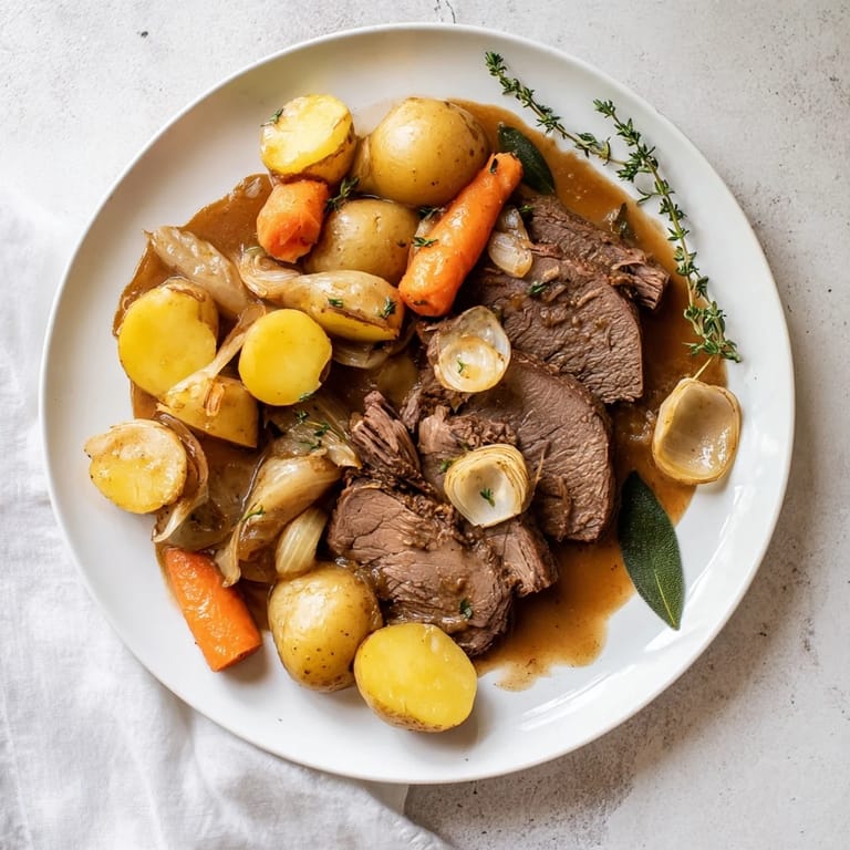 Sliced Beef Pot Roast served over mashed potatoes, garnished with fresh thyme and gravy.