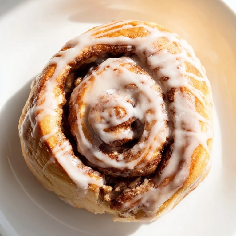 Golden spiral Cinnamon Rolls with rich brown sugar filling, drizzled with white glaze and ready for breakfast. 