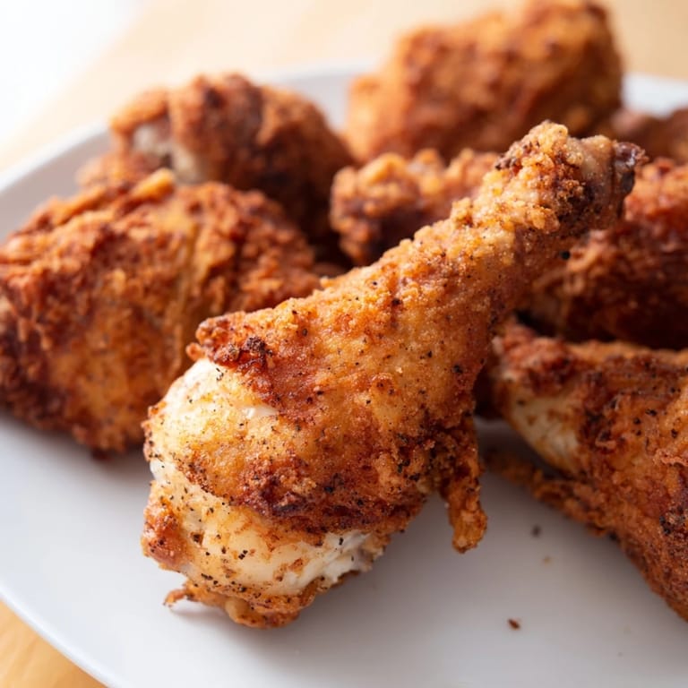 Four pieces of deep-fried chicken with a crunchy coating sit on a wire rack over a baking sheet.
