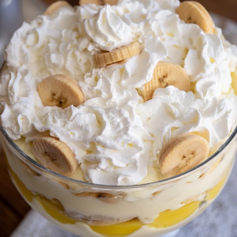 Easy homemade Banana Pudding dessert served chilled in a trifle bowl, showcasing a generous dollop of whipped cream and golden vanilla wafers.