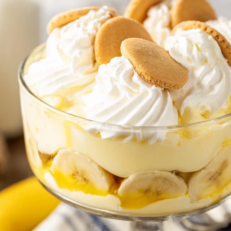 Layered Banana Pudding recipe with creamy custard, ripe banana slices, and vanilla wafer cookies in a clear serving bowl, perfect for potlucks.
