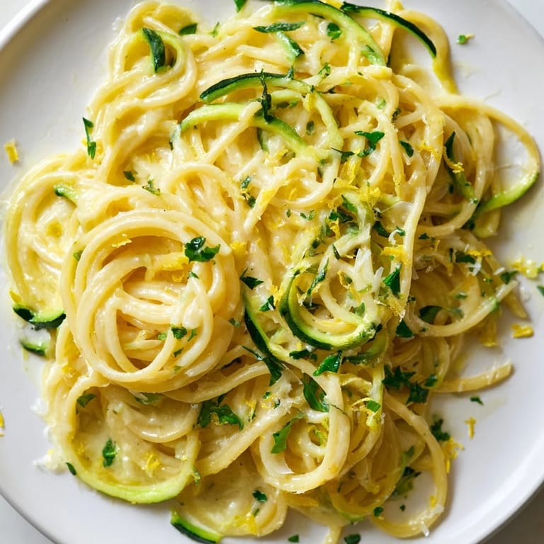 A close-up view of Lemon Zucchini Pasta shows spiralized zucchini ribbons mixed with al dente spaghetti, glistening with lemon butter sauce and freshly grated Parmesan.