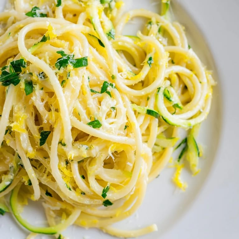 Serving suggestion for Lemon Zucchini Pasta: a white bowl holds the vibrant, saucy dish, with a lemon wedge and extra parsley on the side for a fresh finish.