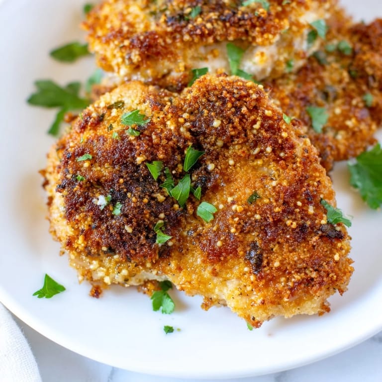 A close-up shows tender chicken coated in a savory garlic butter and Parmesan breadcrumbs, baked to golden perfection.