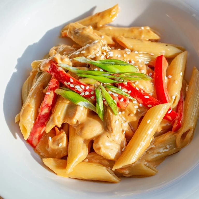 Steam rising from a skillet of Sweet Chili Chicken Pasta, featuring juicy chicken and glossy sauce tossed with al dente pasta.