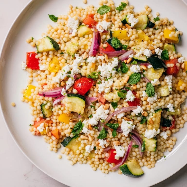 A close-up view shows fluffy couscous tossed with caramelized cherry tomatoes and crisp veggies, finished with a bright lemon zest and olive oil dressing.