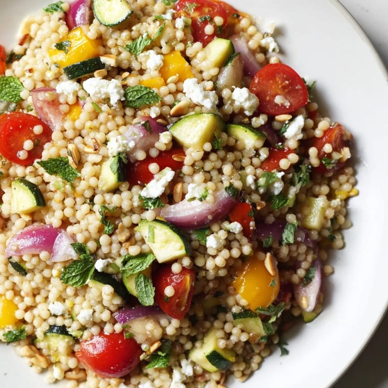 Vibrant Mediterranean Roasted Veggie Couscous Salad served in a white bowl, garnished with chopped mint and toasted pine nuts for a crunchy finish.