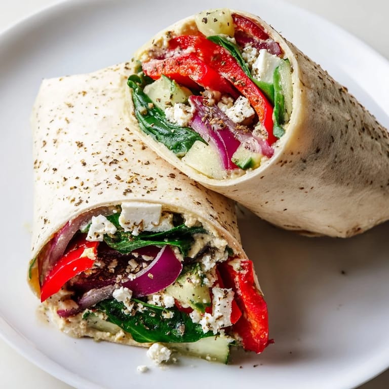 Close-up of a vibrant Mediterranean Veggie Wrap, highlighting crisp spinach leaves, smoky red peppers, and crumbled feta cheese nestled in a generously hummus-spread tortilla.