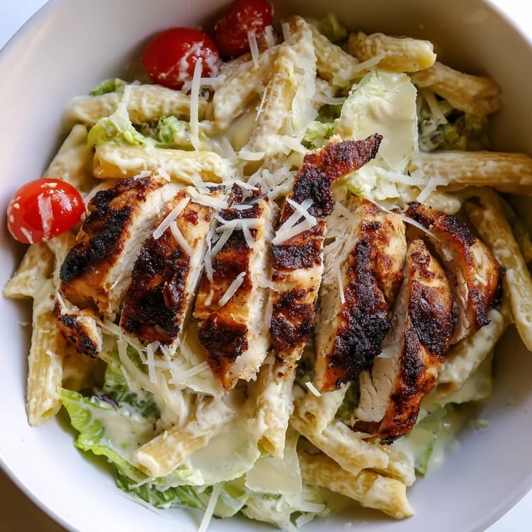 Sliced spicy chicken rests atop penne pasta, tossed with cherry tomatoes and parmesan cheese.