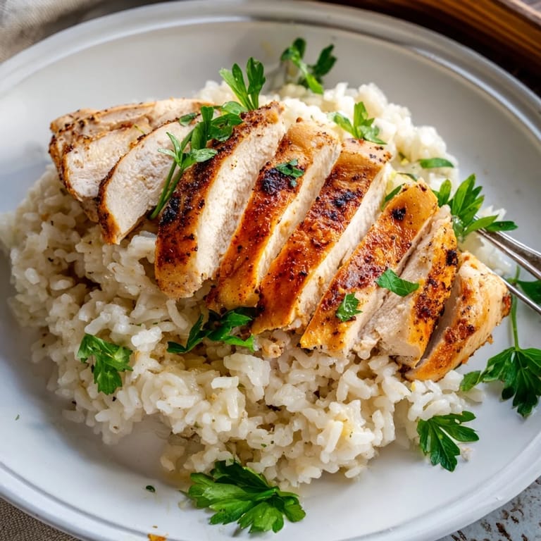 Garlic Butter Rice with Chicken served hot in a rustic bowl, garnished with fresh parsley and bright lemon wedges for squeezing.
