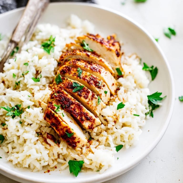 A generous serving of Garlic Butter Rice with Chicken, featuring juicy grilled chicken breast slices resting on savory, aromatic rice.